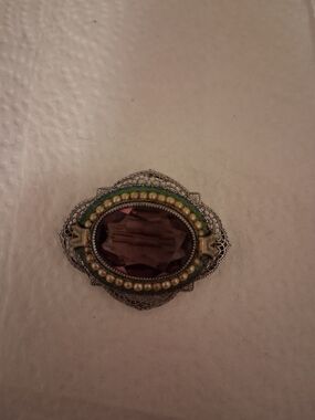 Artisan Silver-Tone Purple Center Brooch with Green and Cream Accents